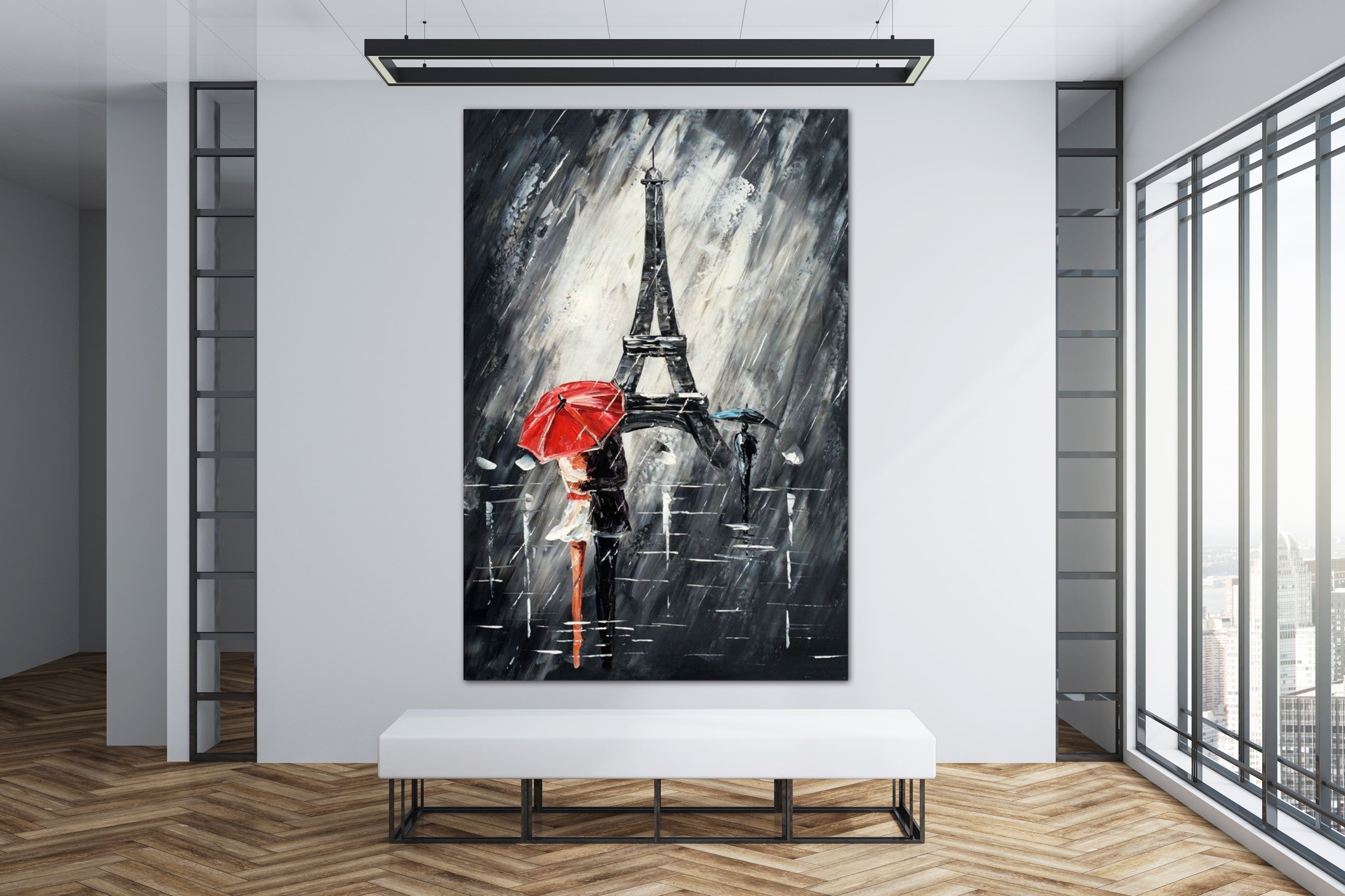 Romantic Eiffel Tower painting with a couple holding umbrellas under the rain in Paris.