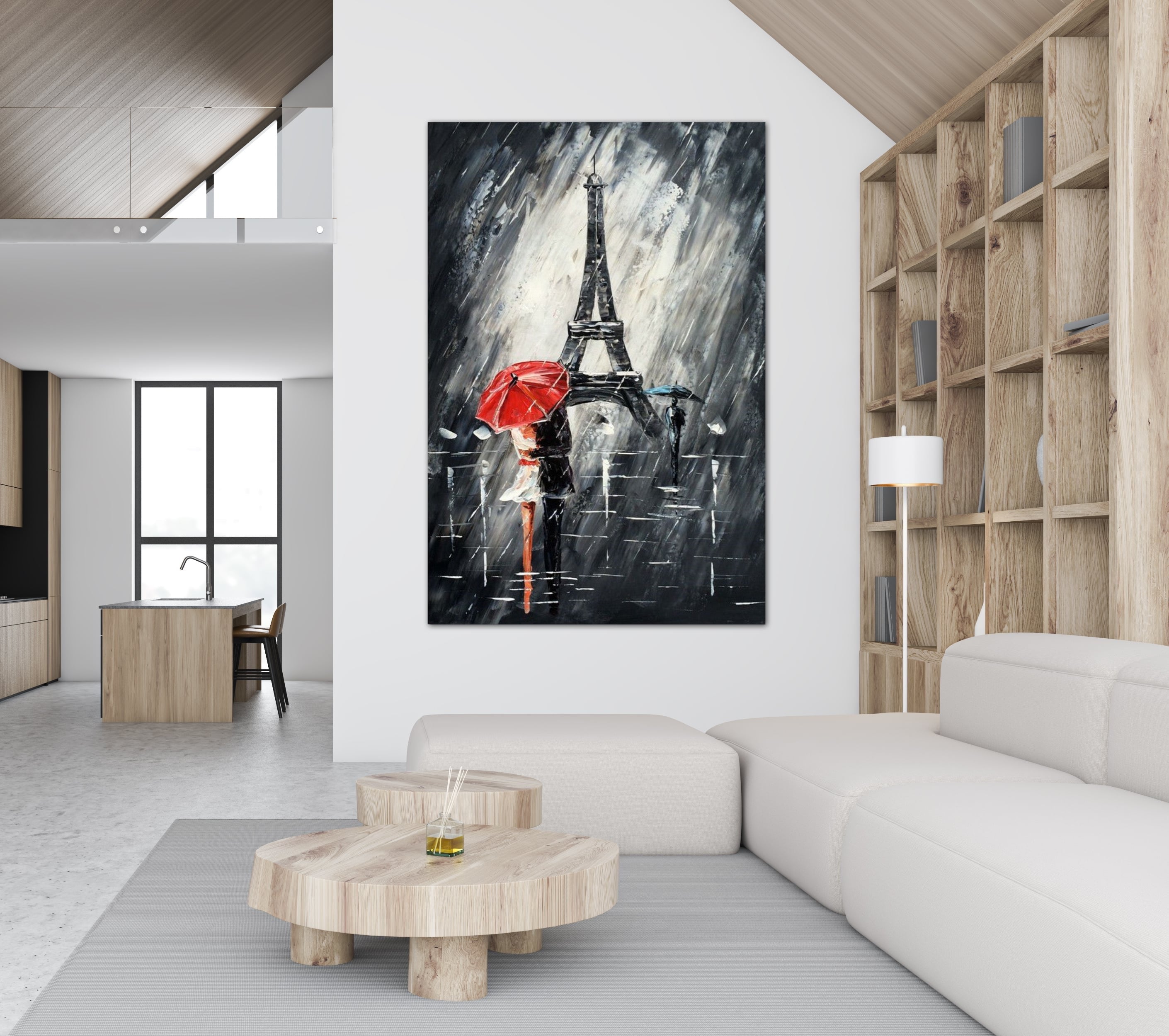 Romantic Eiffel Tower painting with a couple holding umbrellas under the rain in Paris.