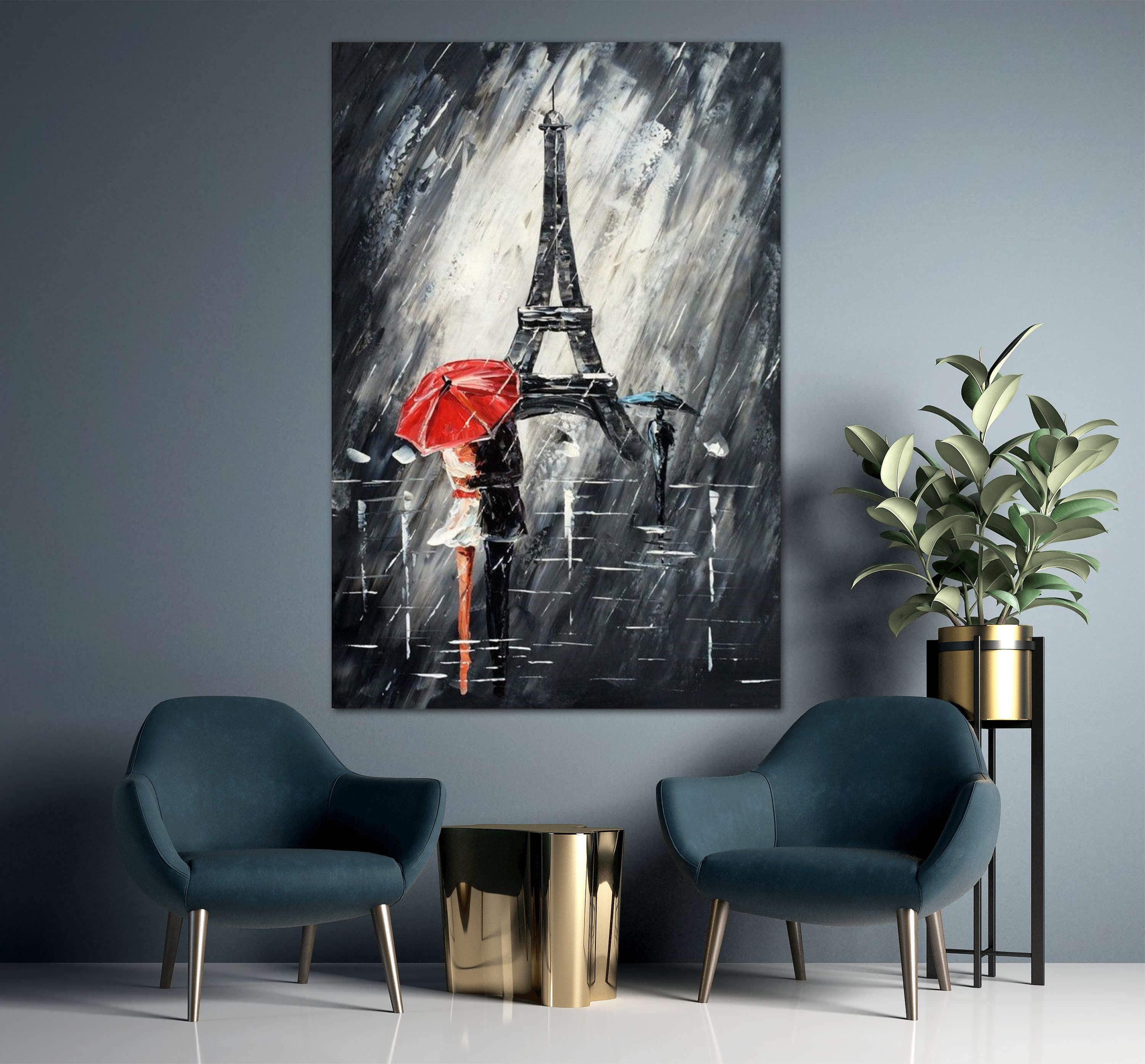 Romantic Eiffel Tower painting with a couple holding umbrellas under the rain in Paris.