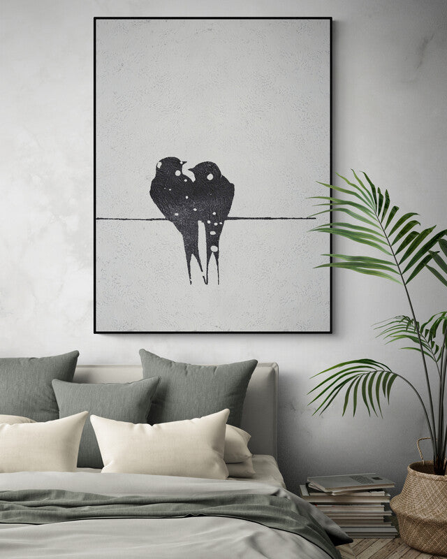 Minimalist bird painting with two love birds sitting together on a textured white canvas