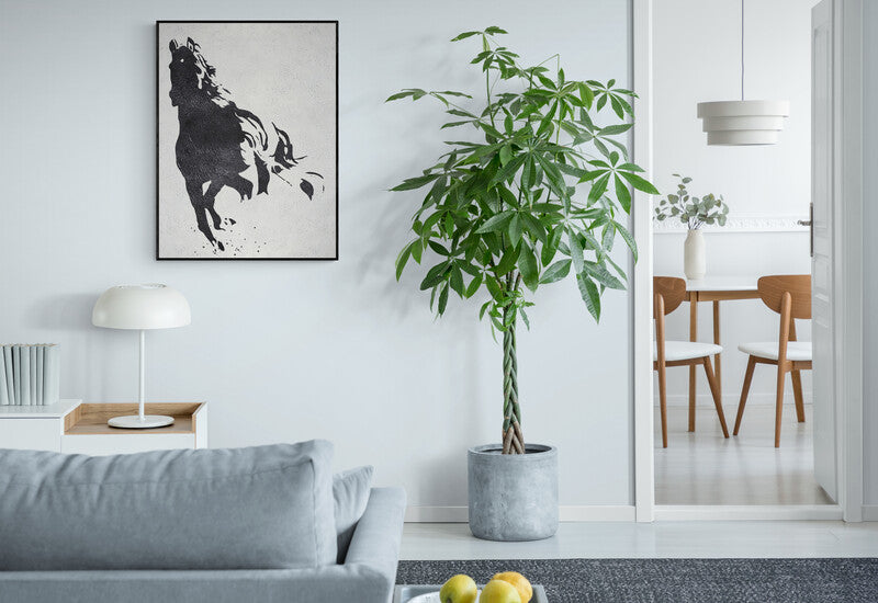 Running horse painting in black and white silhouette, symbolizing strength and stamina