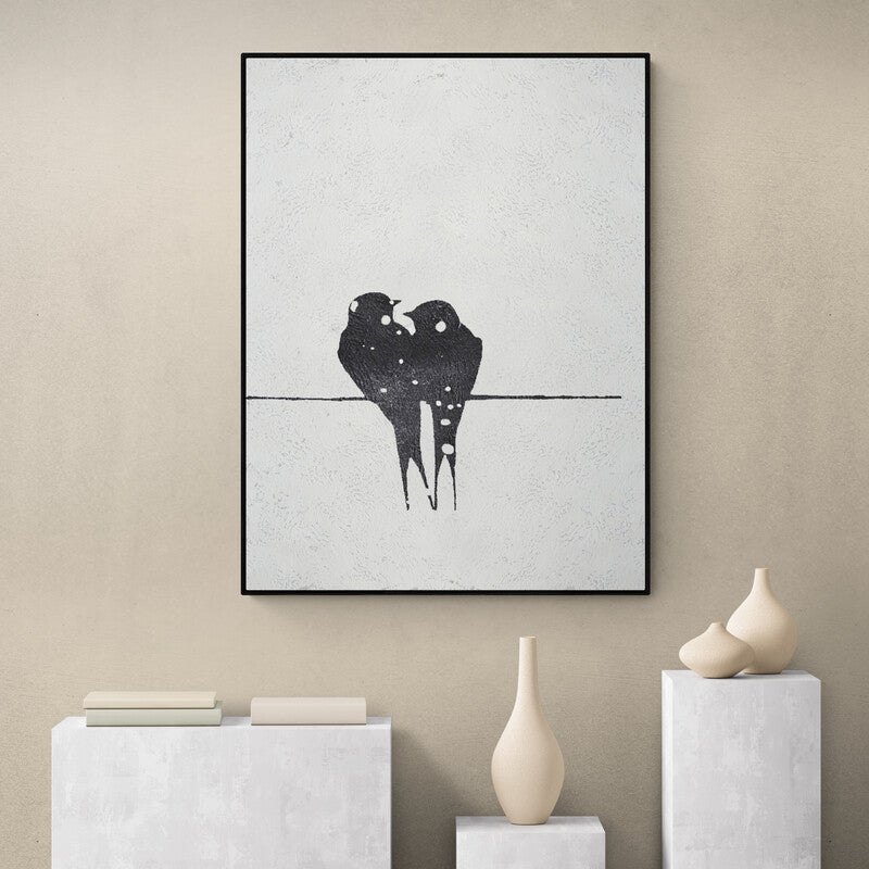 Minimalist bird painting with two love birds sitting together on a textured white canvas