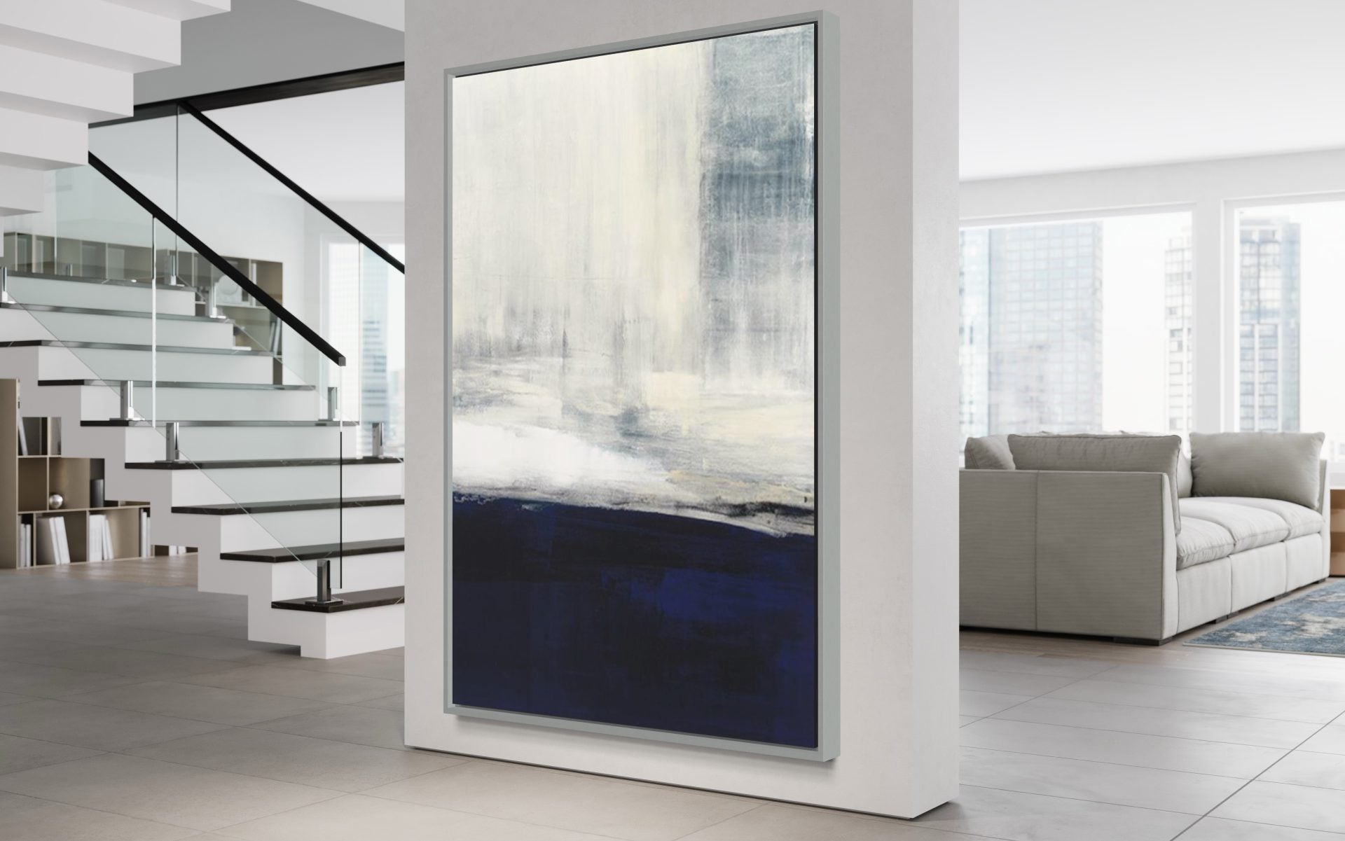 Different Blues abstract painting with layered shades of blue and white – modern living room wall art