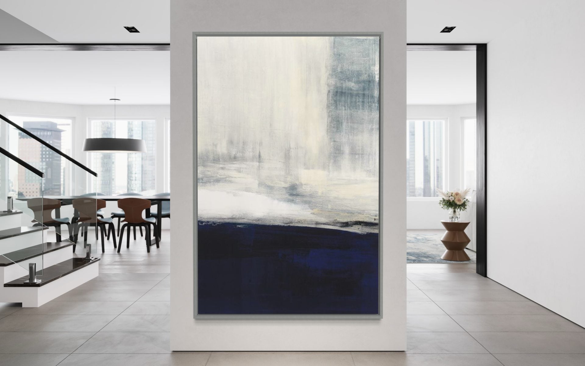 Different Blues abstract painting with layered shades of blue and white – modern living room wall art