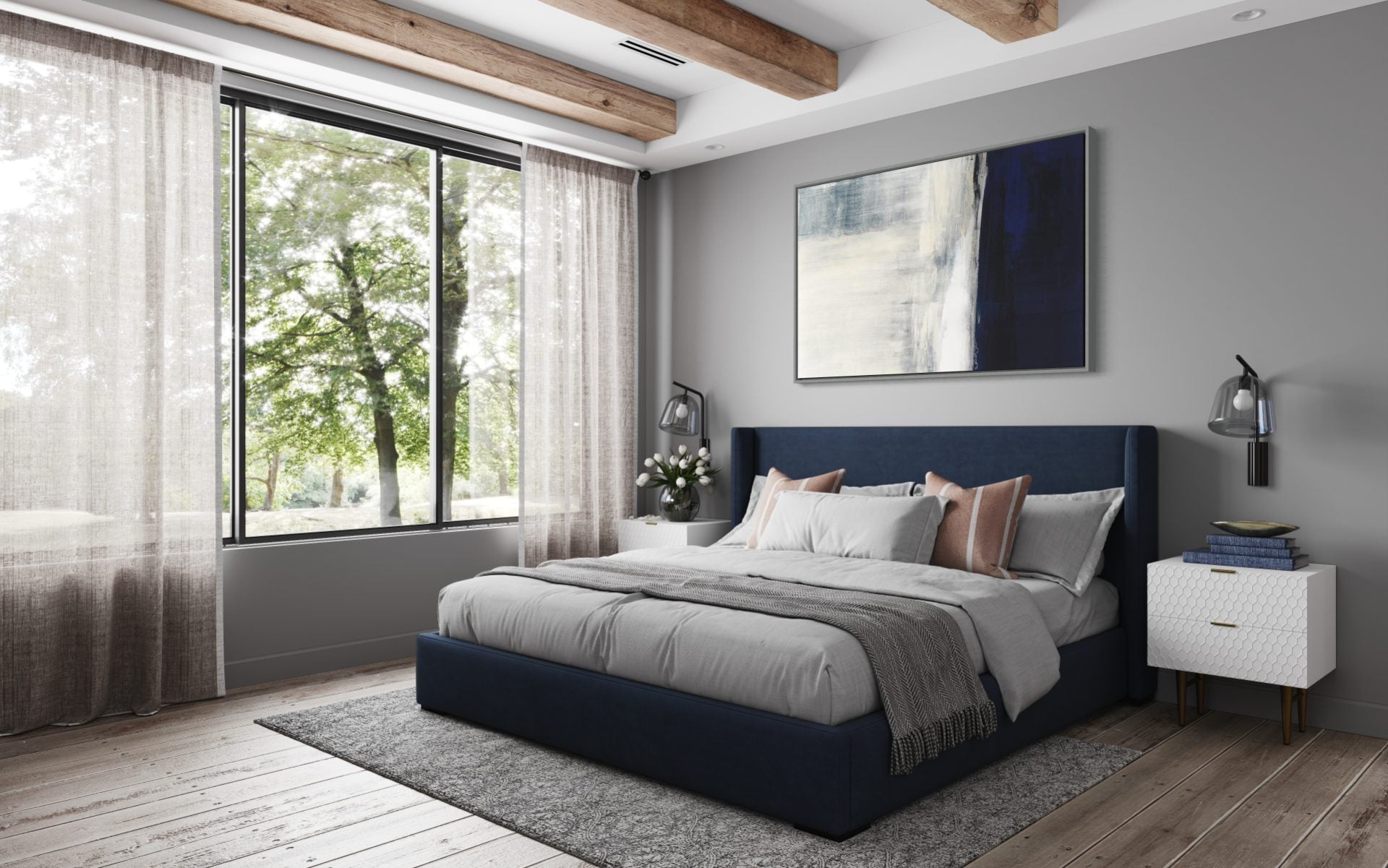 Different Blues abstract painting with layered shades of blue and white – modern living room wall art