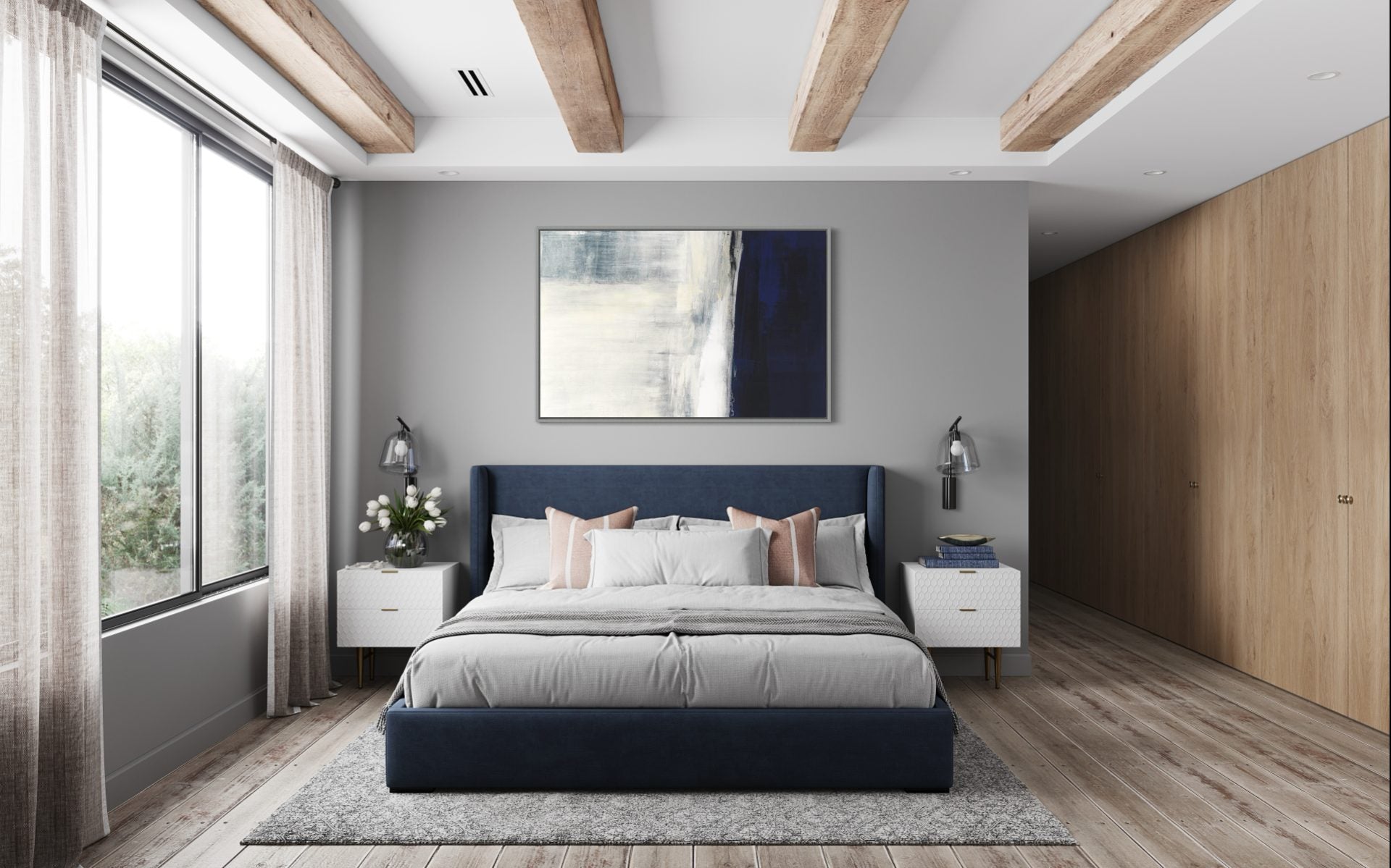 Different Blues abstract painting with layered shades of blue and white – modern living room wall art