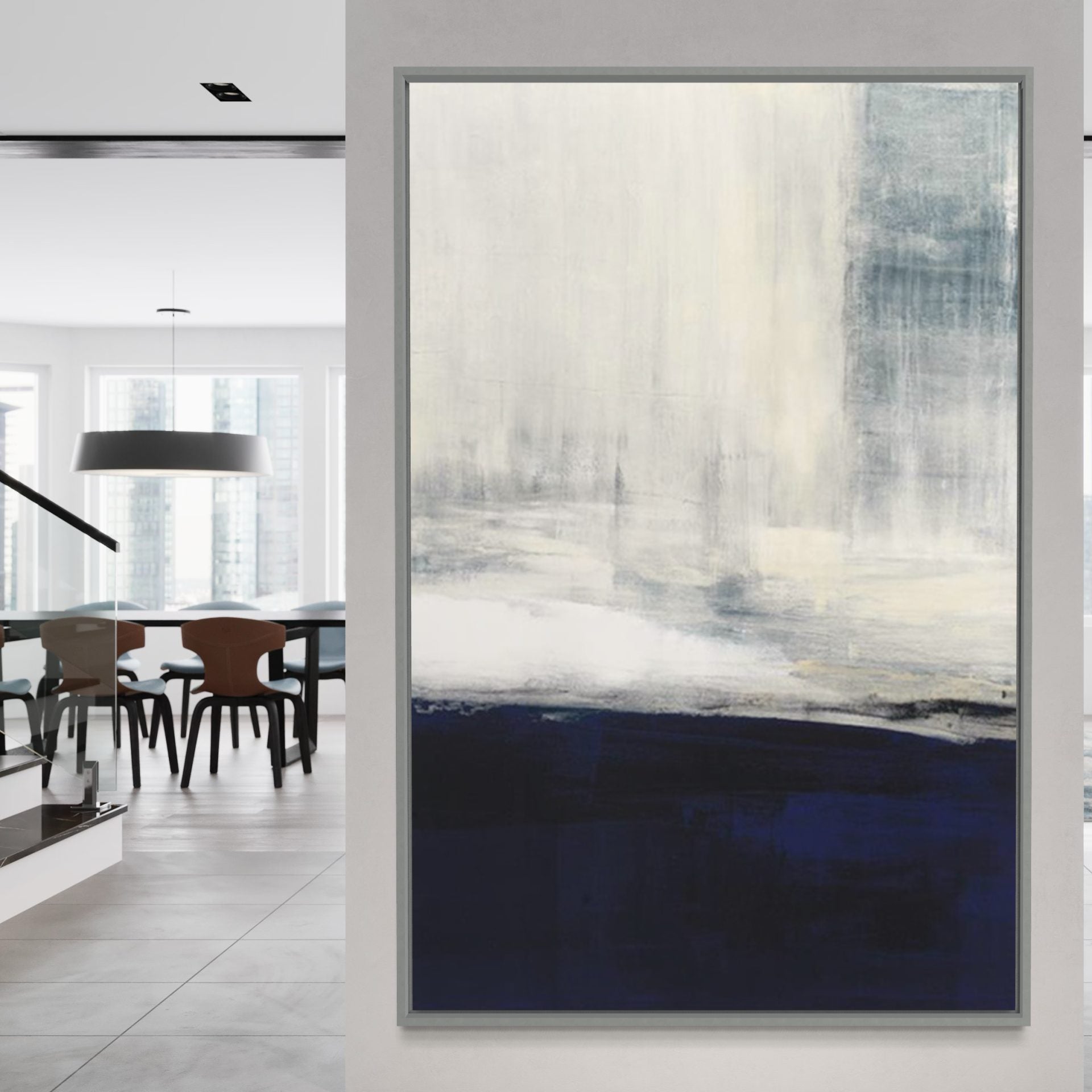 Different Blues abstract painting with layered shades of blue and white – modern living room wall art