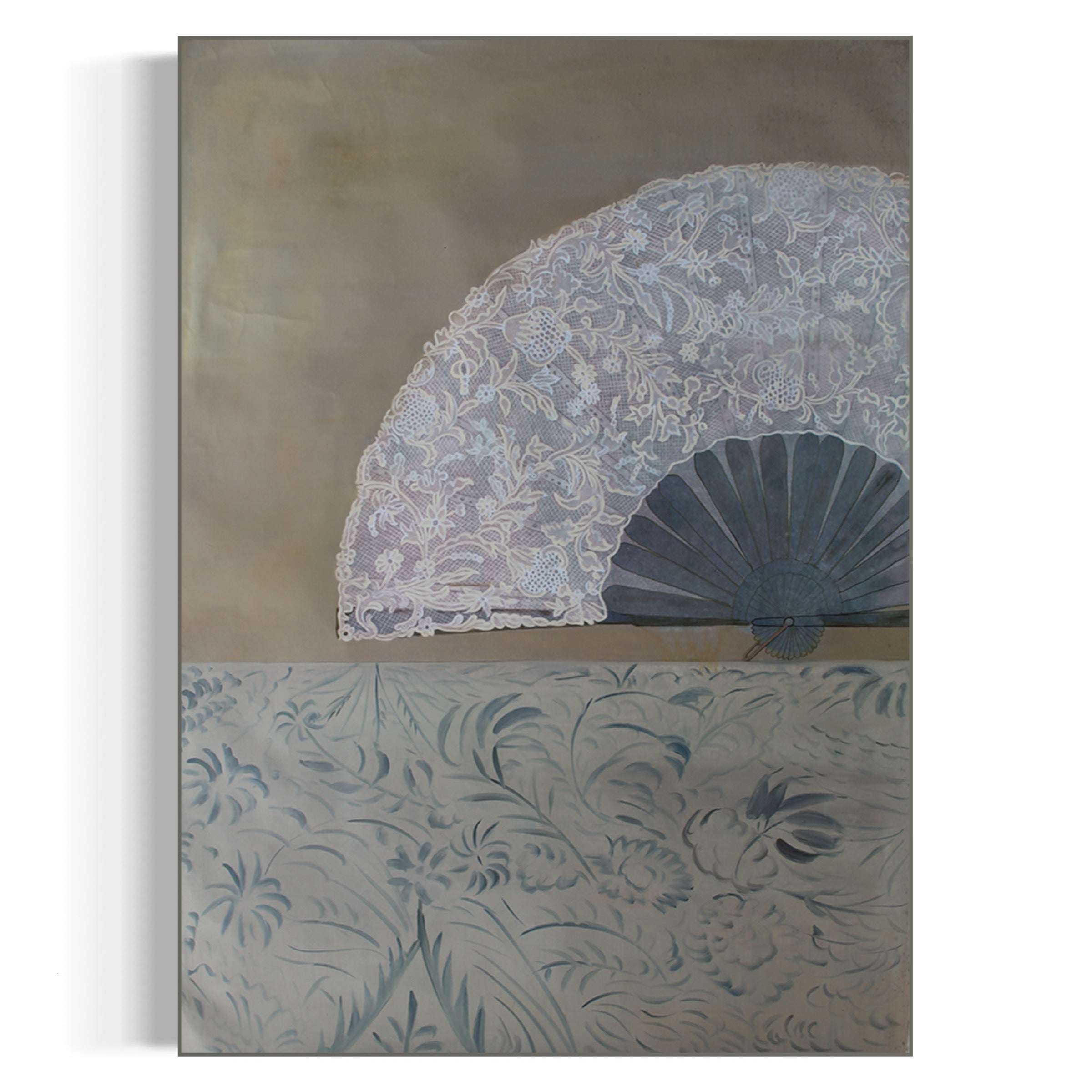 Fan art "Ethereal Euphoria" featuring a delicate lace fan and floral patterns in soft lavender and beige tones.
