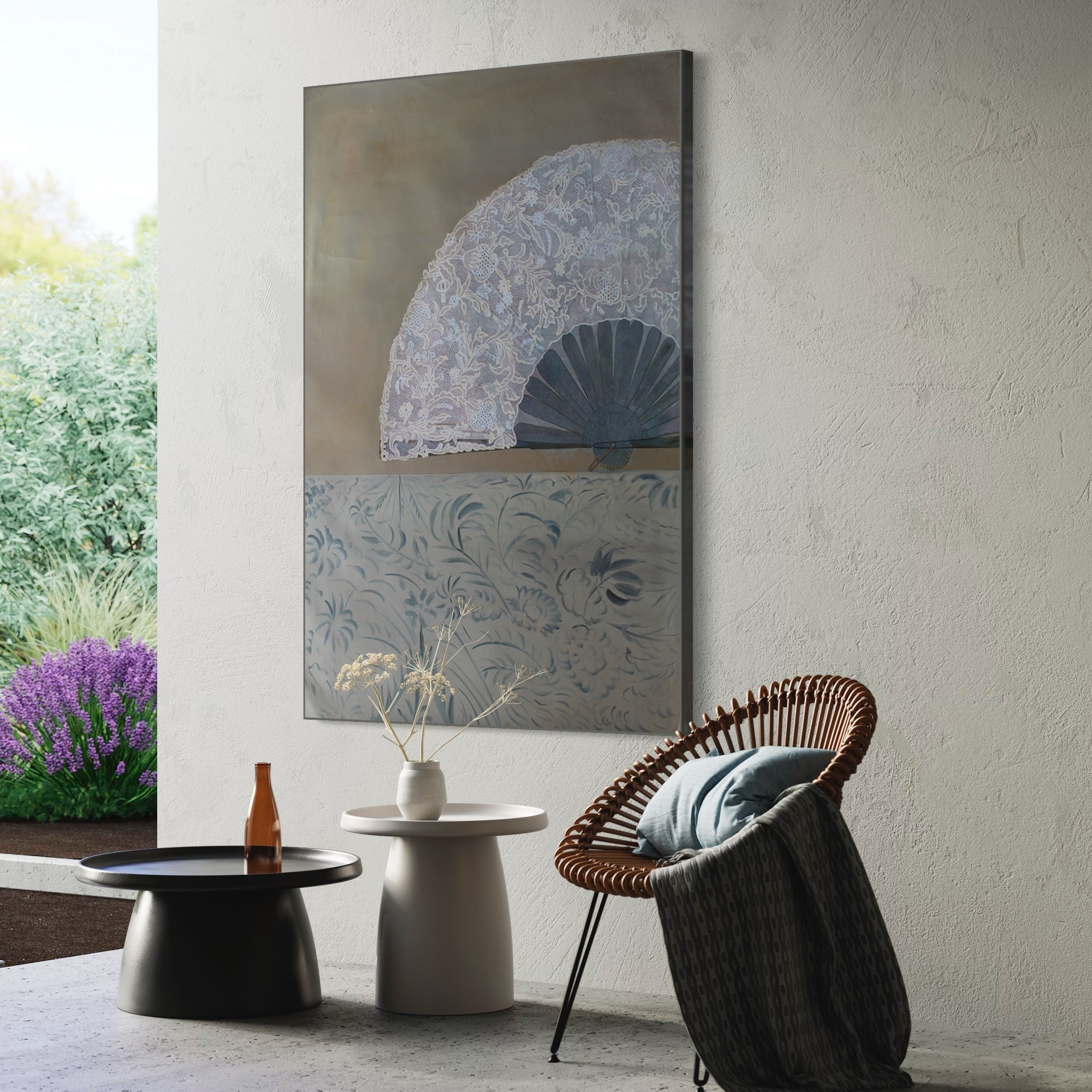 Fan art "Ethereal Euphoria" featuring a delicate lace fan and floral patterns in soft lavender and beige tones.