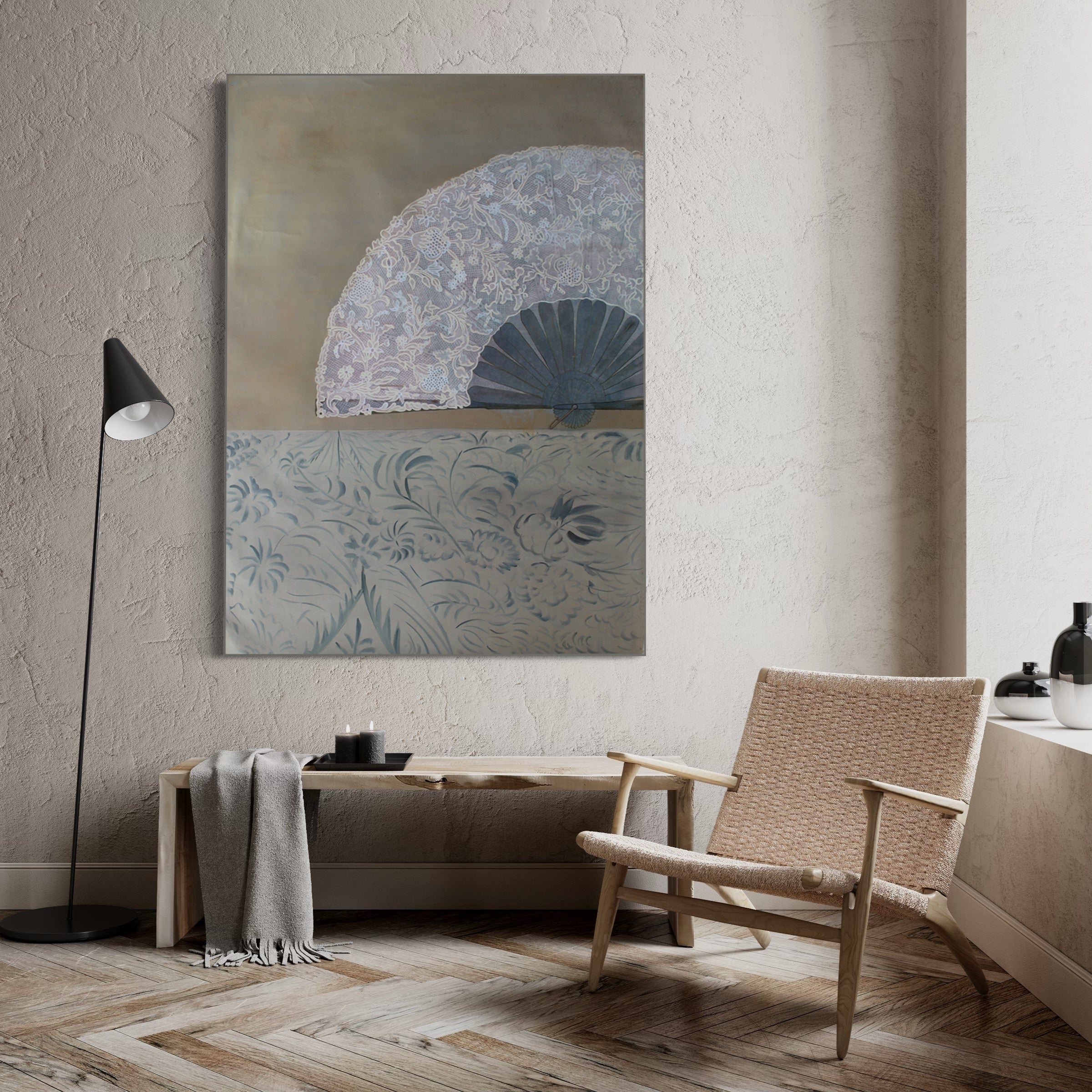 Fan art "Ethereal Euphoria" featuring a delicate lace fan and floral patterns in soft lavender and beige tones.