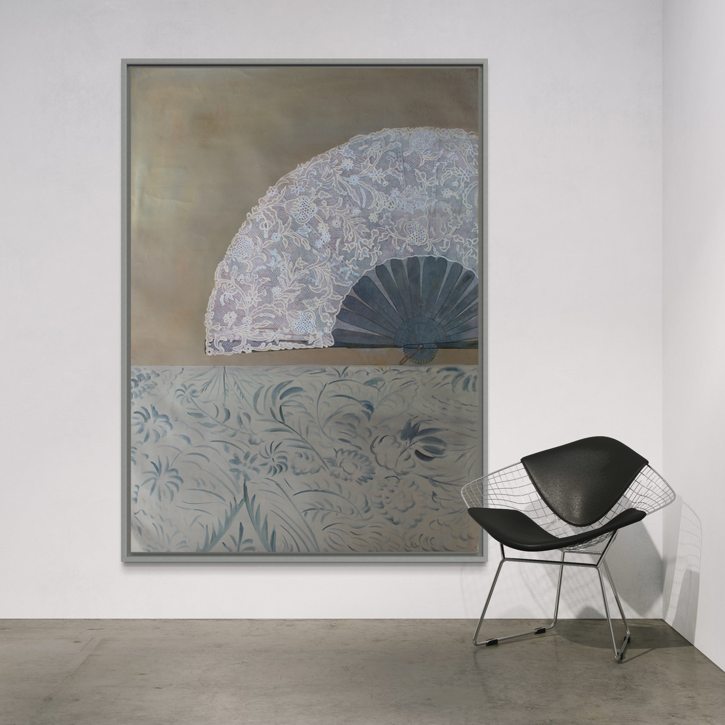 Fan art "Ethereal Euphoria" featuring a delicate lace fan and floral patterns in soft lavender and beige tones.