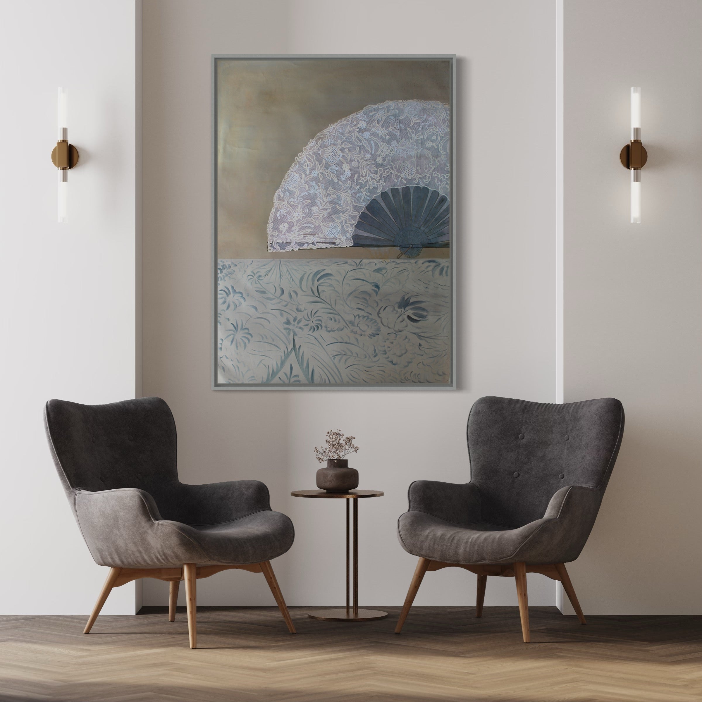 Fan art "Ethereal Euphoria" featuring a delicate lace fan and floral patterns in soft lavender and beige tones.