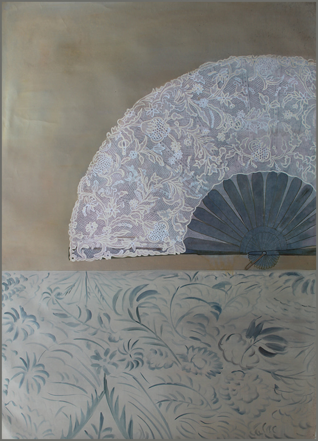 Fan art "Ethereal Euphoria" featuring a delicate lace fan and floral patterns in soft lavender and beige tones.