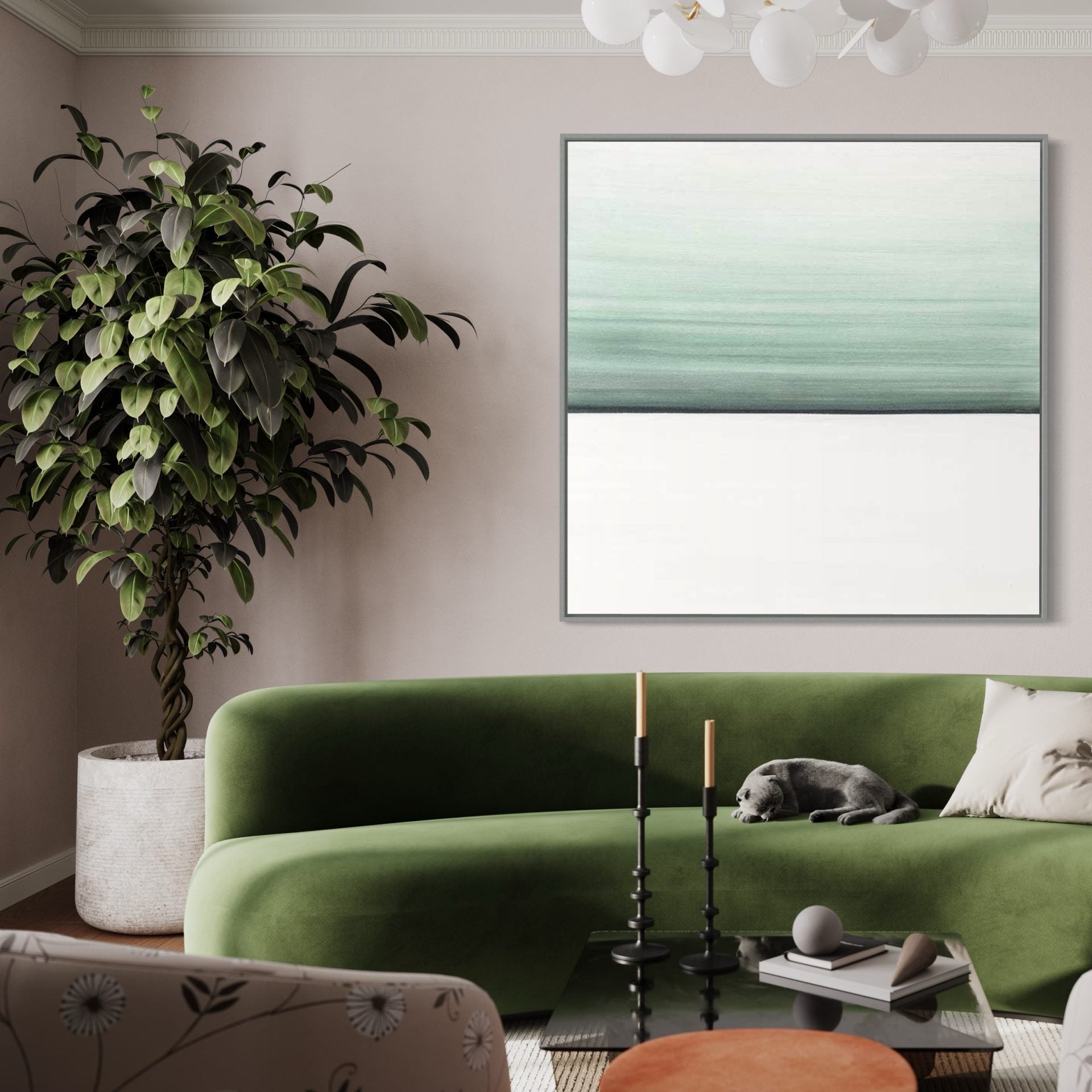 Abstract oversized wall art in green and white tones, perfect for modern living rooms.