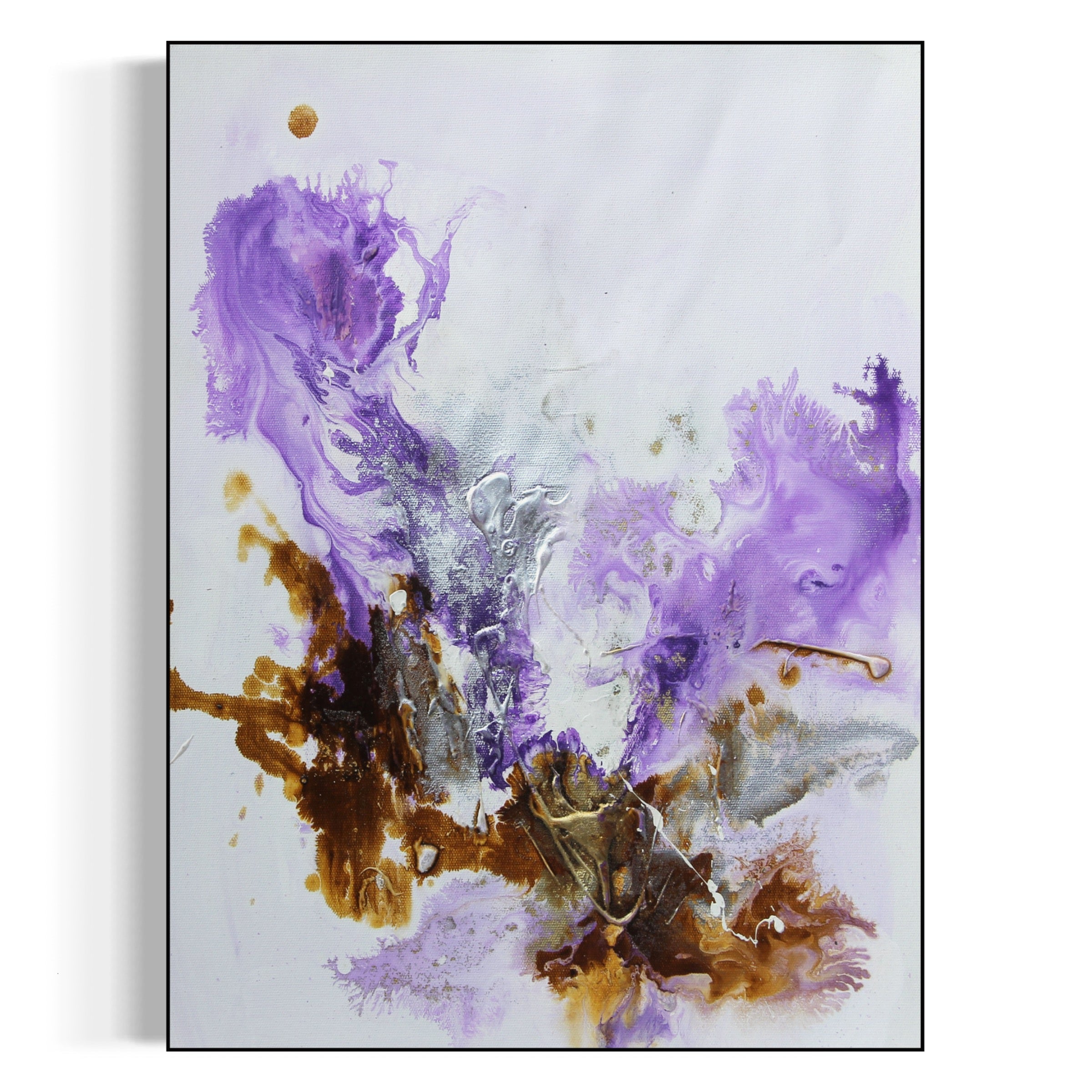 Modern abstract canvas art "Evolving Energies" with purple, brown, and silver flowing colors.