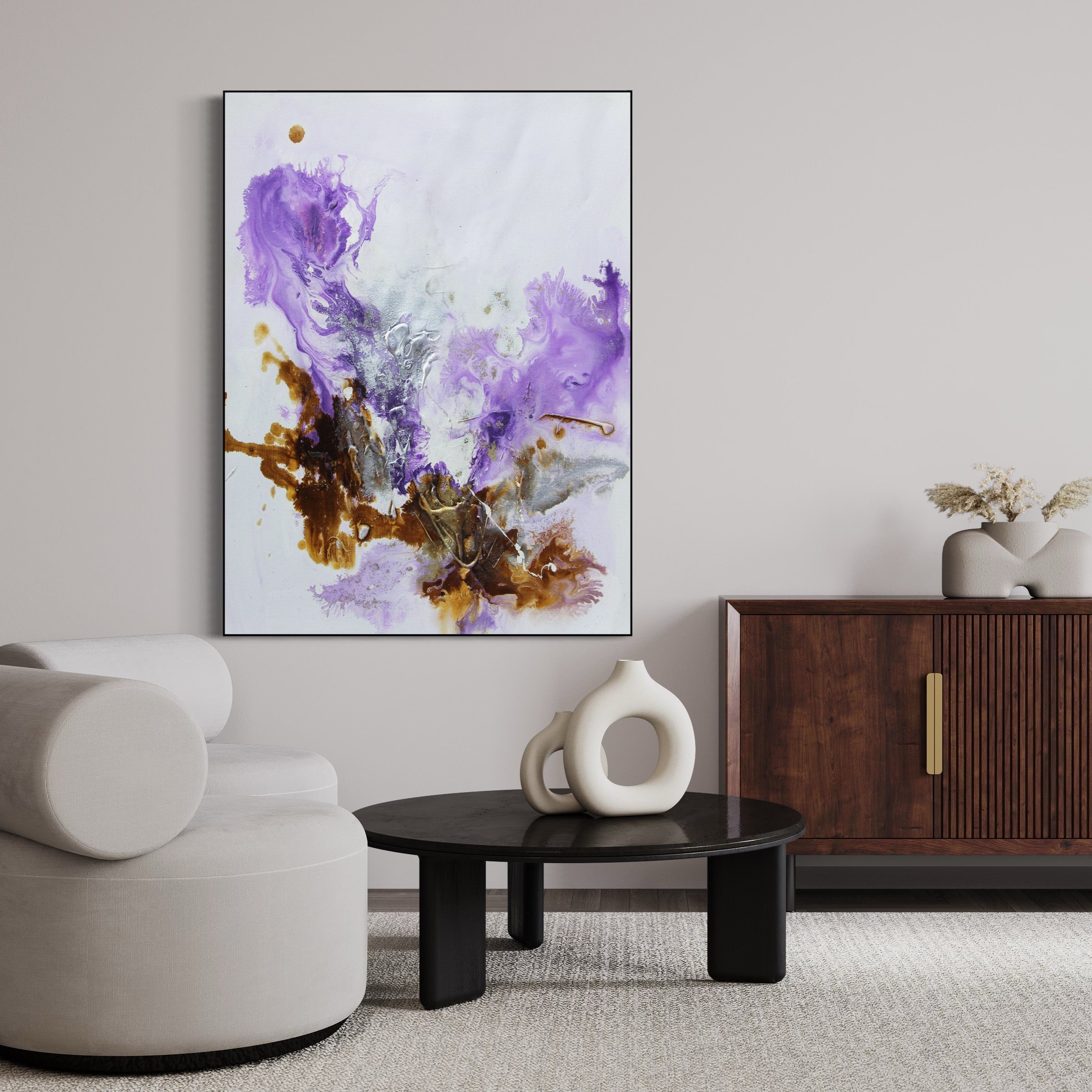 Modern abstract canvas art "Evolving Energies" with purple, brown, and silver flowing colors.