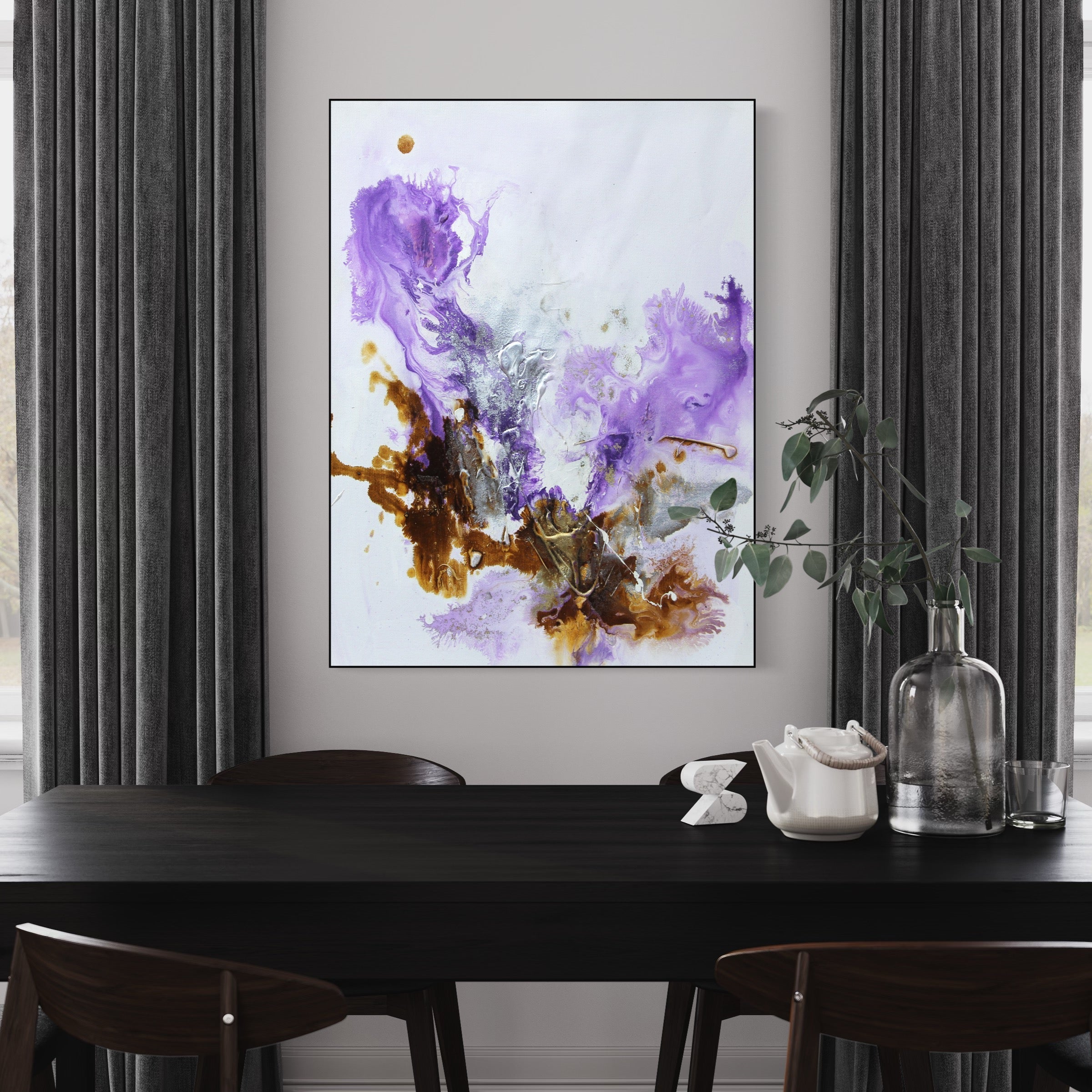 Modern abstract canvas art "Evolving Energies" with purple, brown, and silver flowing colors.