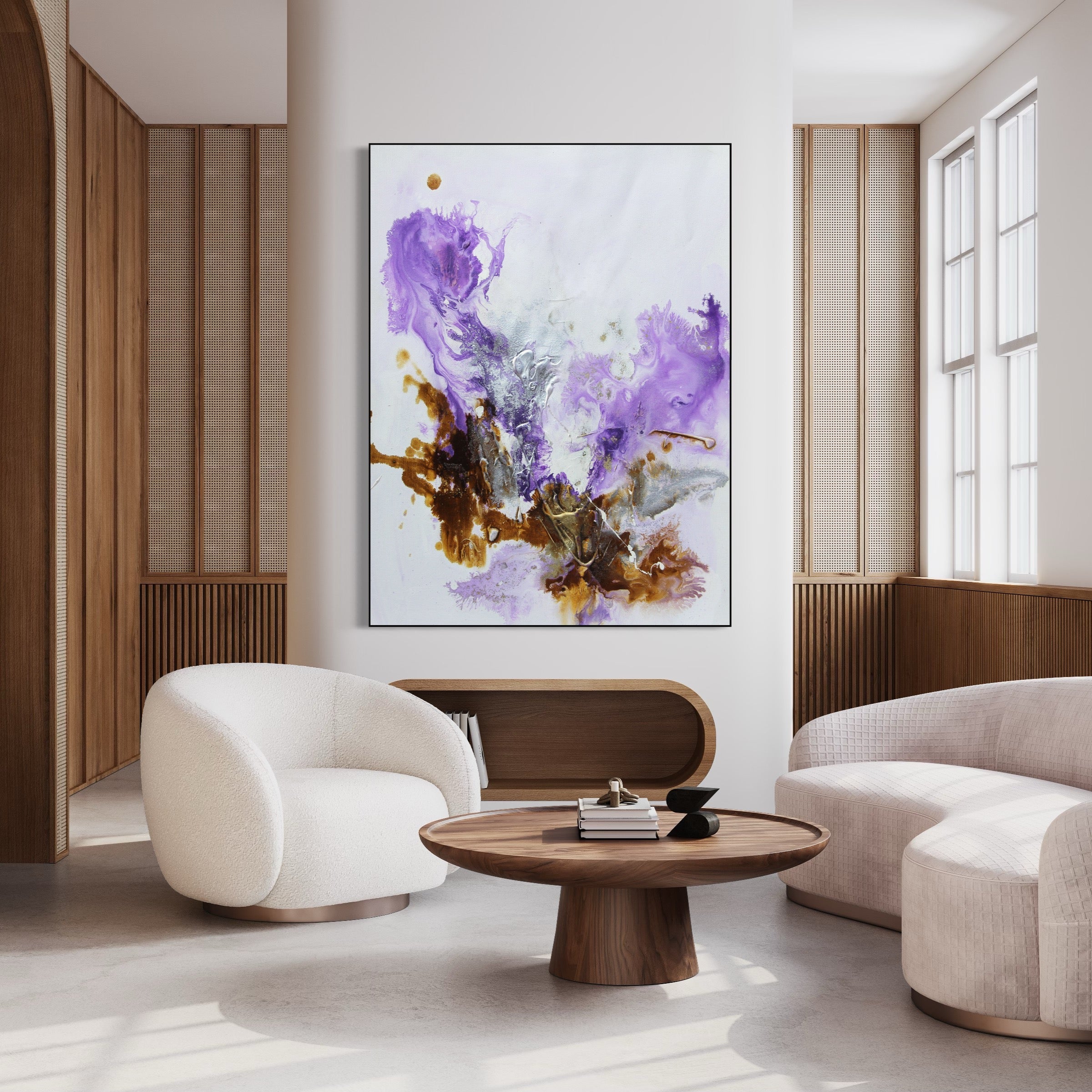 Modern abstract canvas art "Evolving Energies" with purple, brown, and silver flowing colors.
