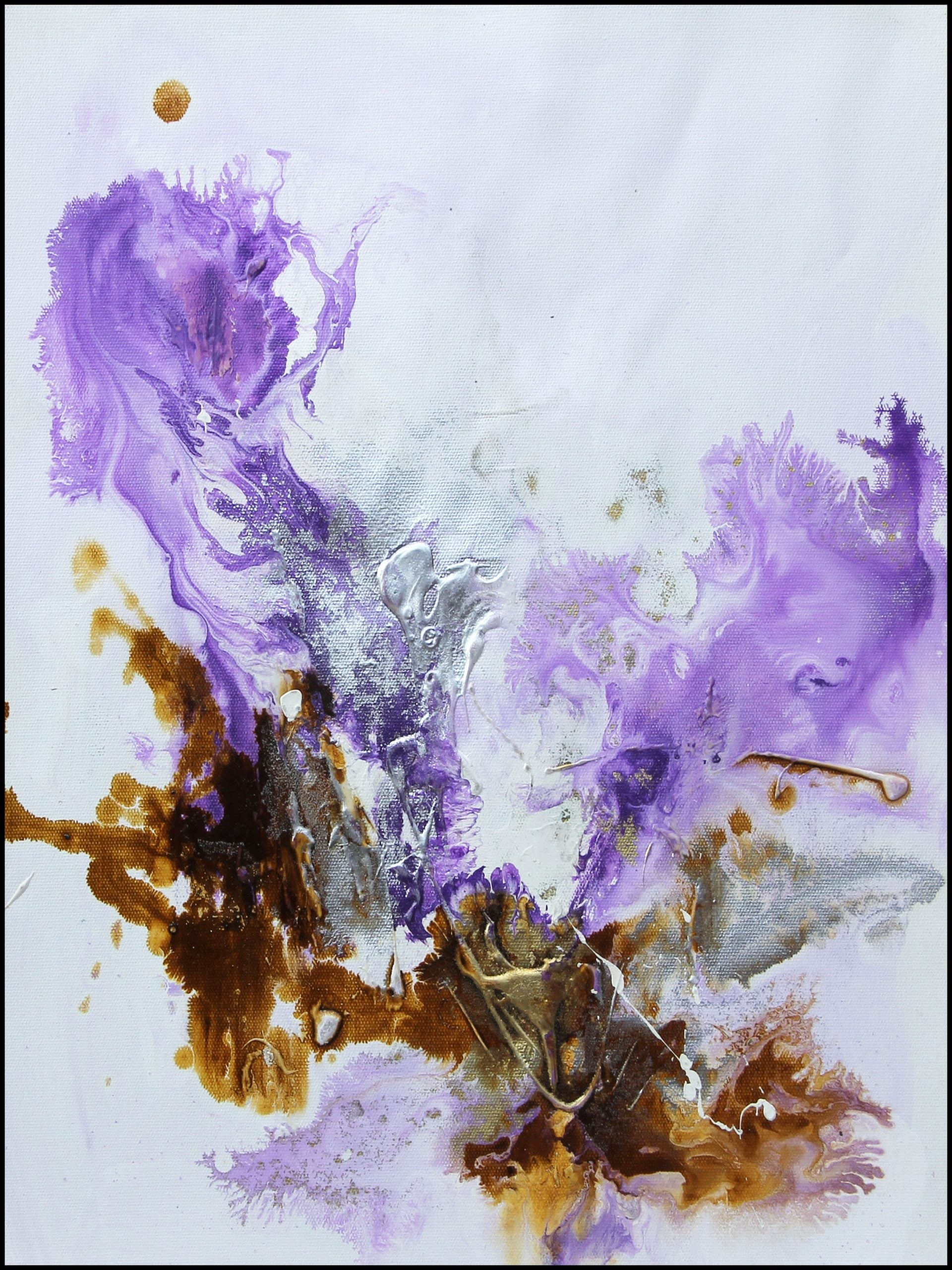 Modern abstract canvas art "Evolving Energies" with purple, brown, and silver flowing colors.