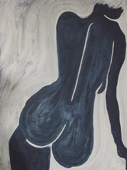 Abstract art figure painting of a woman’s silhouette in dark tones with sweeping brushstrokes.