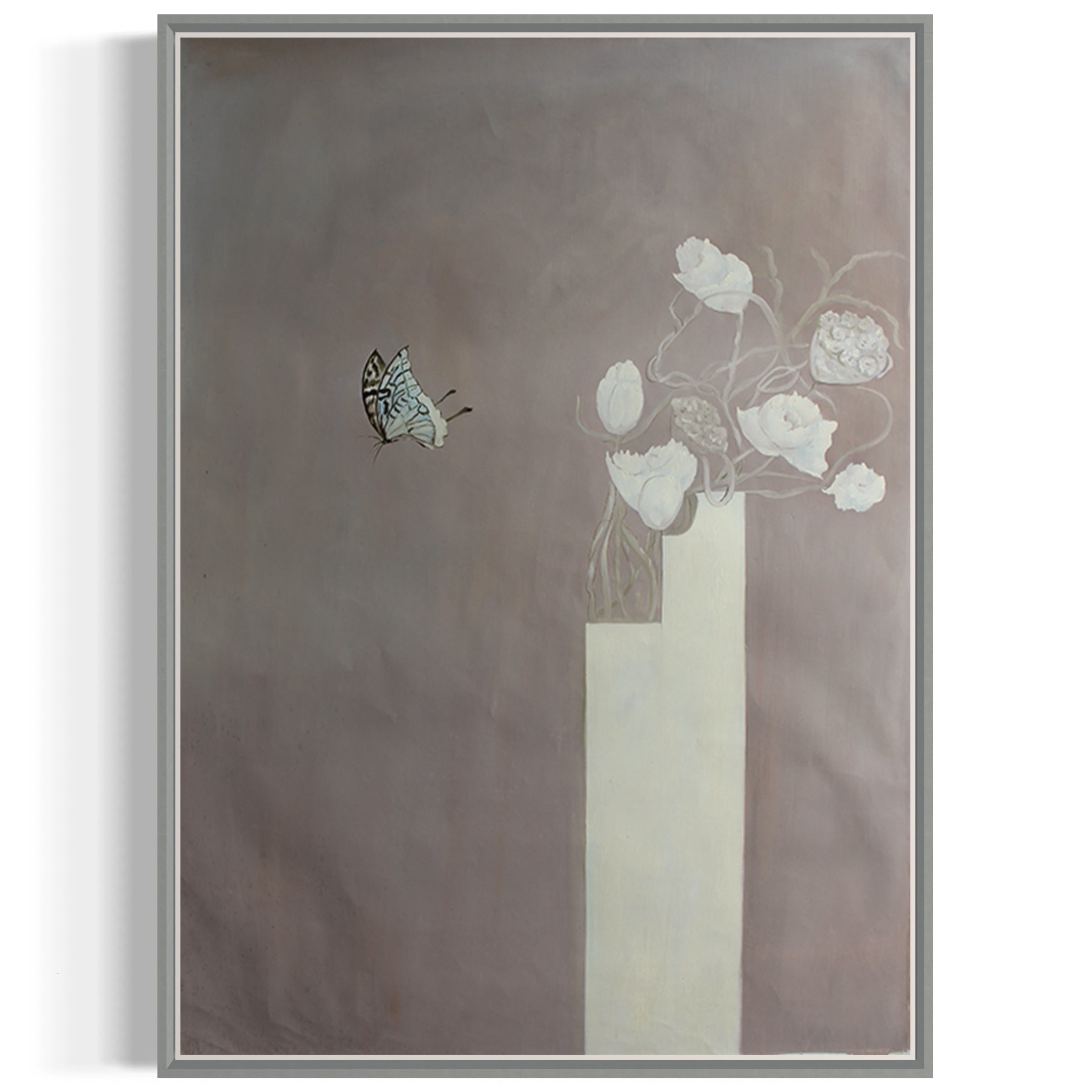 "Fractal Fantasy" butterfly wall art featuring a butterfly and white flowers on a soft beige background.
