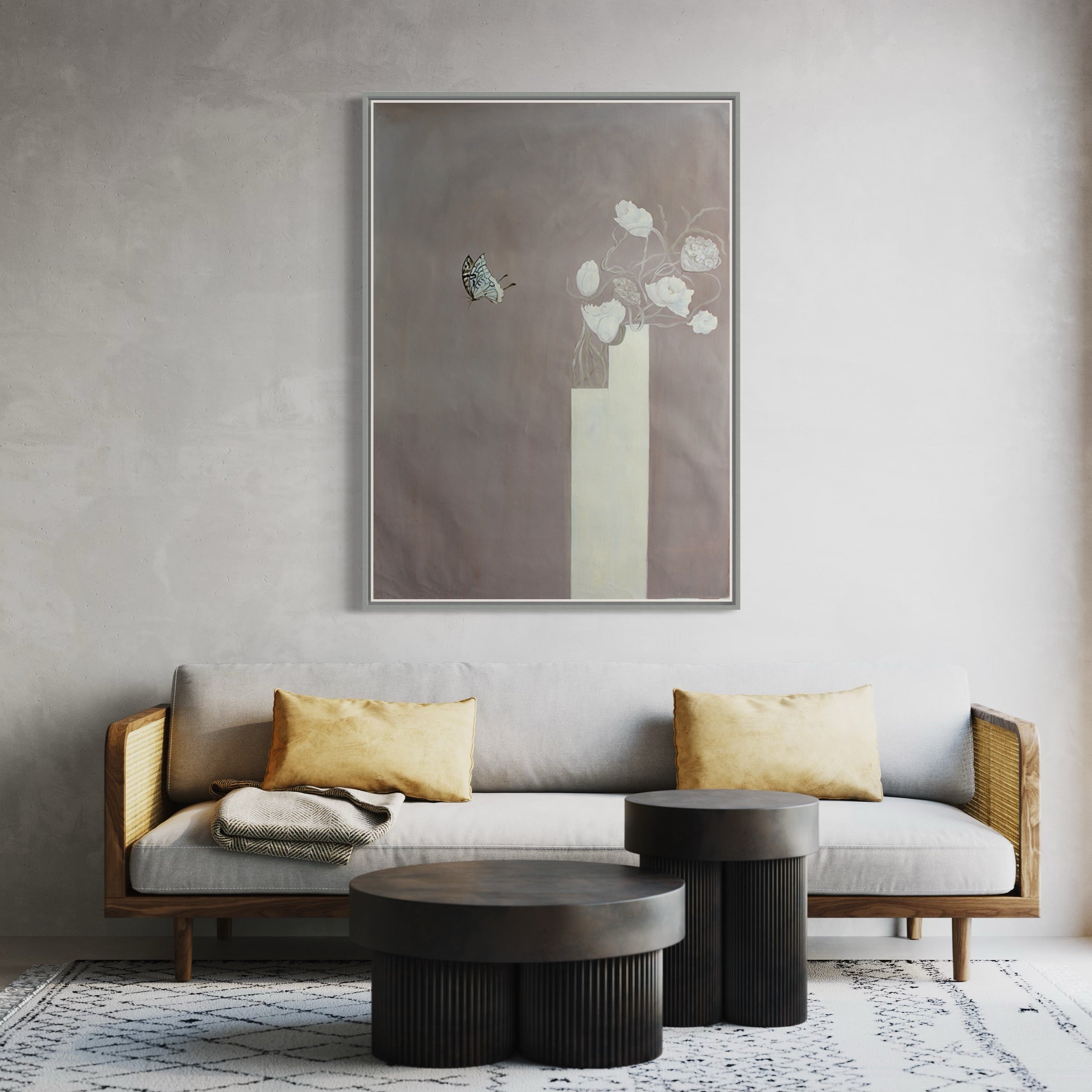 "Fractal Fantasy" butterfly wall art featuring a butterfly and white flowers on a soft beige background.