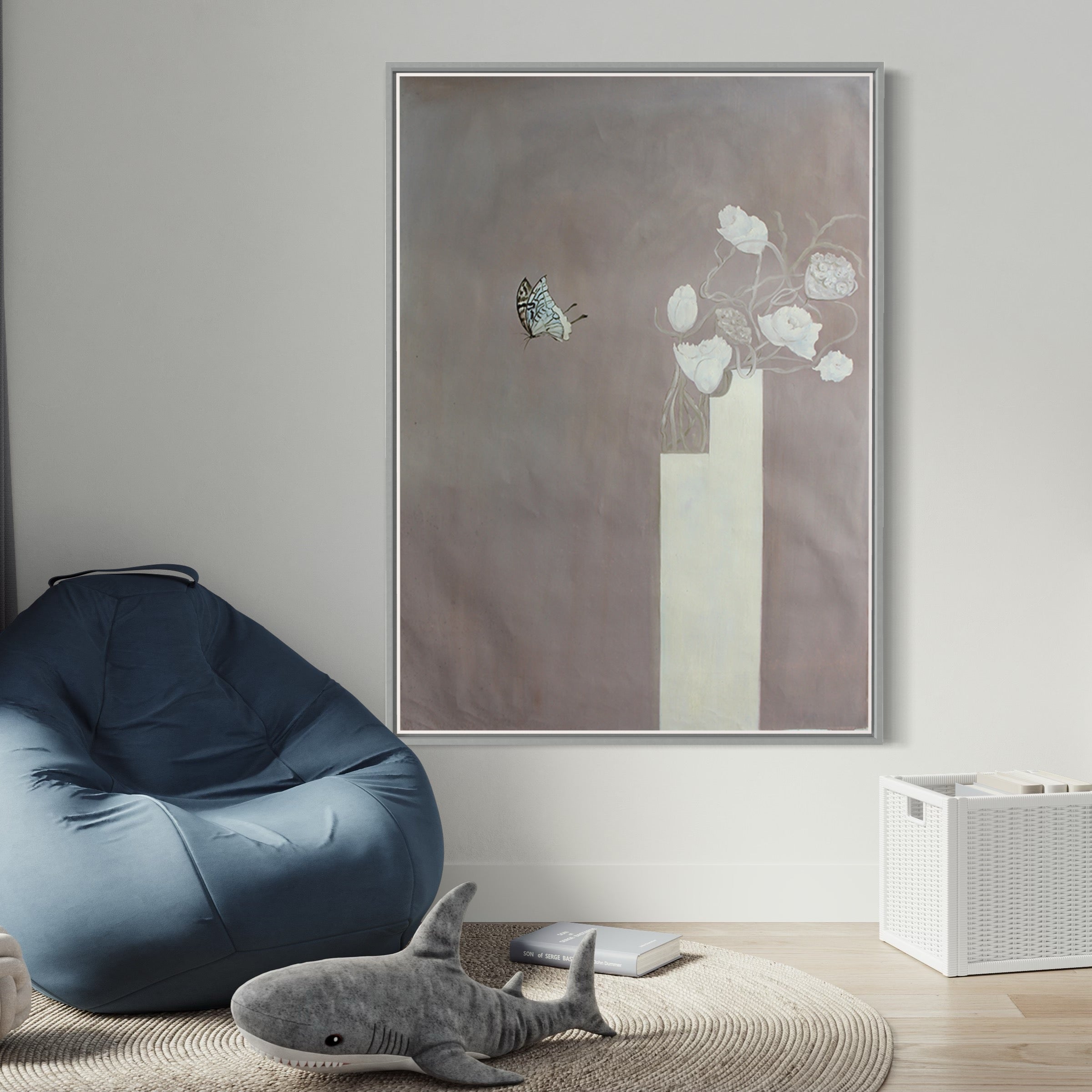 "Fractal Fantasy" butterfly wall art featuring a butterfly and white flowers on a soft beige background.