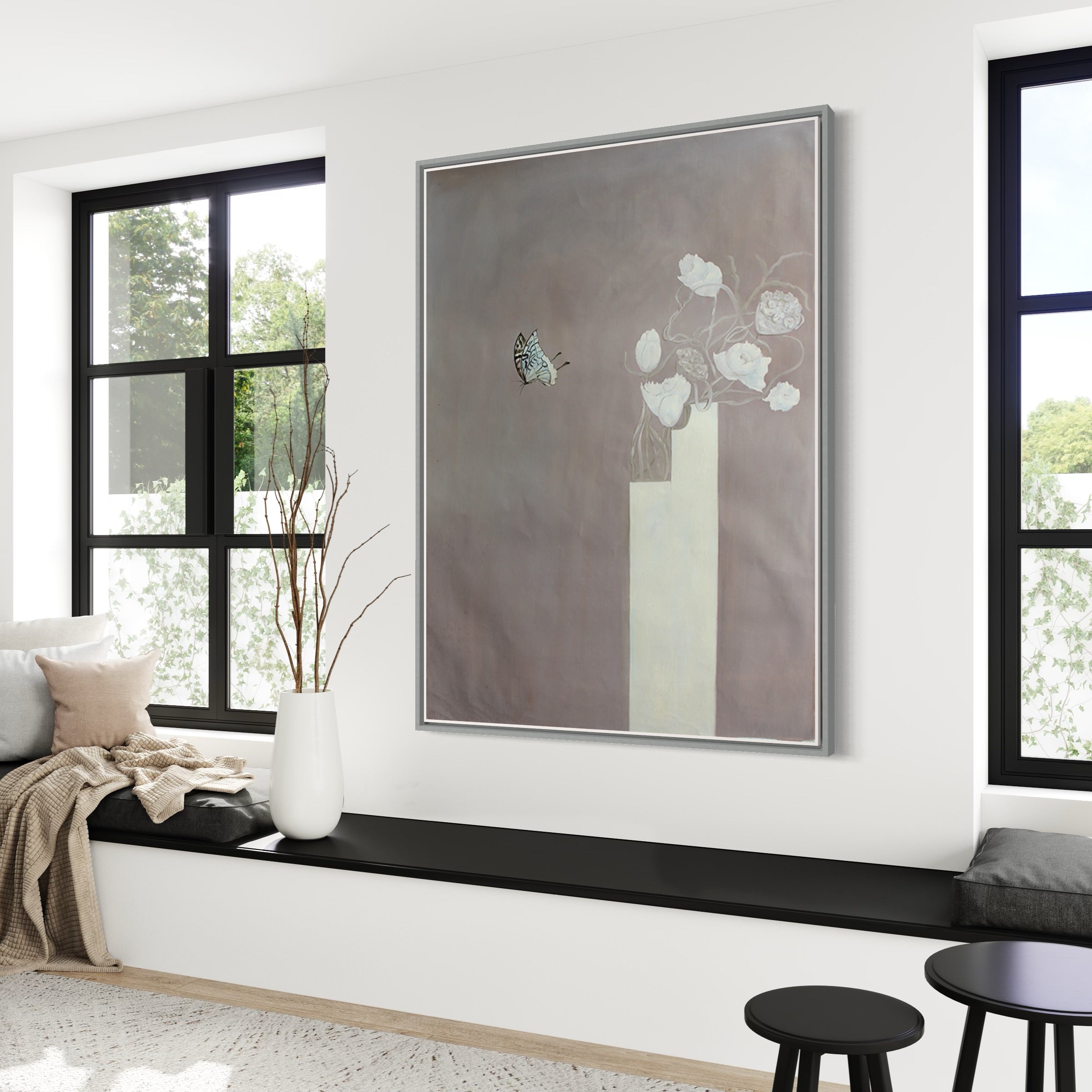 "Fractal Fantasy" butterfly wall art featuring a butterfly and white flowers on a soft beige background.