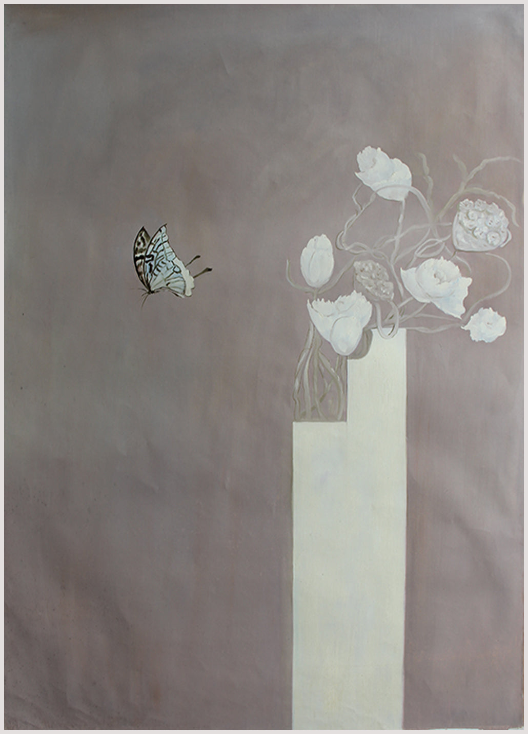 "Fractal Fantasy" butterfly wall art featuring a butterfly and white flowers on a soft beige background.