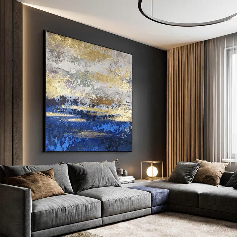 Textured canvas art in blue and gold tones, perfect for modern home decor.