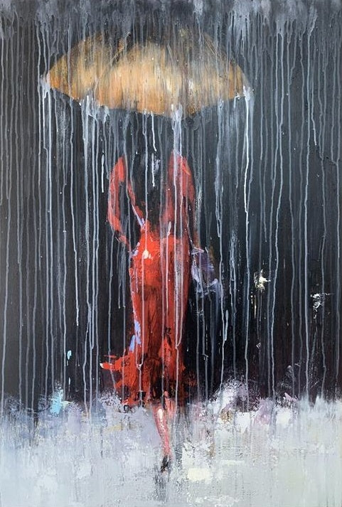 Queen painting in red dress with umbrella – living room modern wall decor