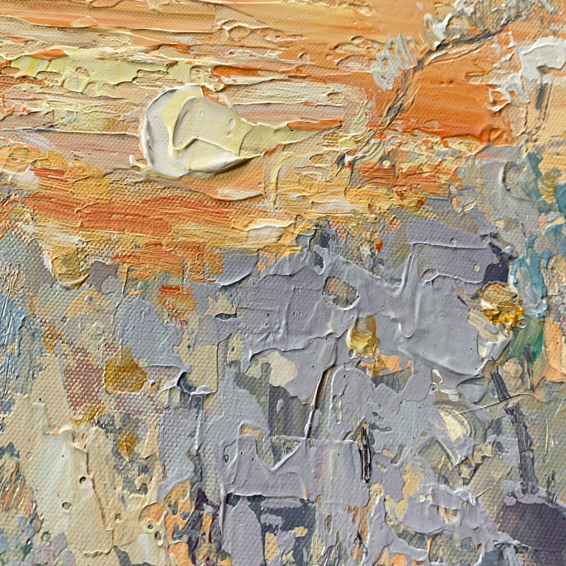 Winter Morning abstract landscape painting with snowy forest and sunrise