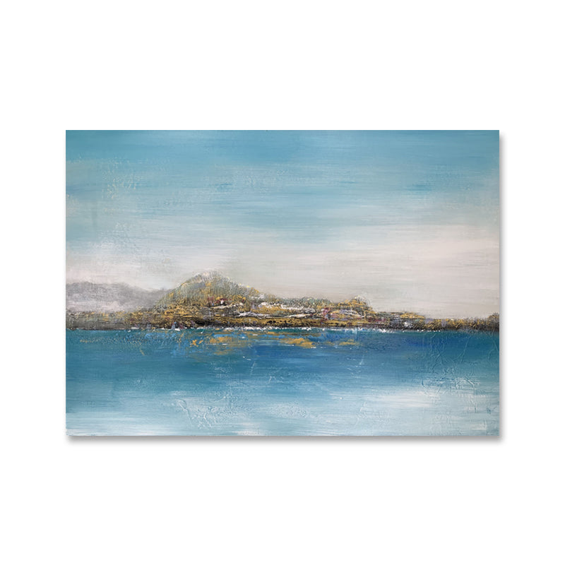 Overlooking ocean art paintings – abstract coastal seascape with blue water and horizon