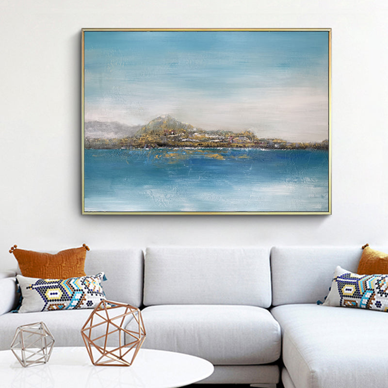 Overlooking ocean art paintings – abstract coastal seascape with blue water and horizon