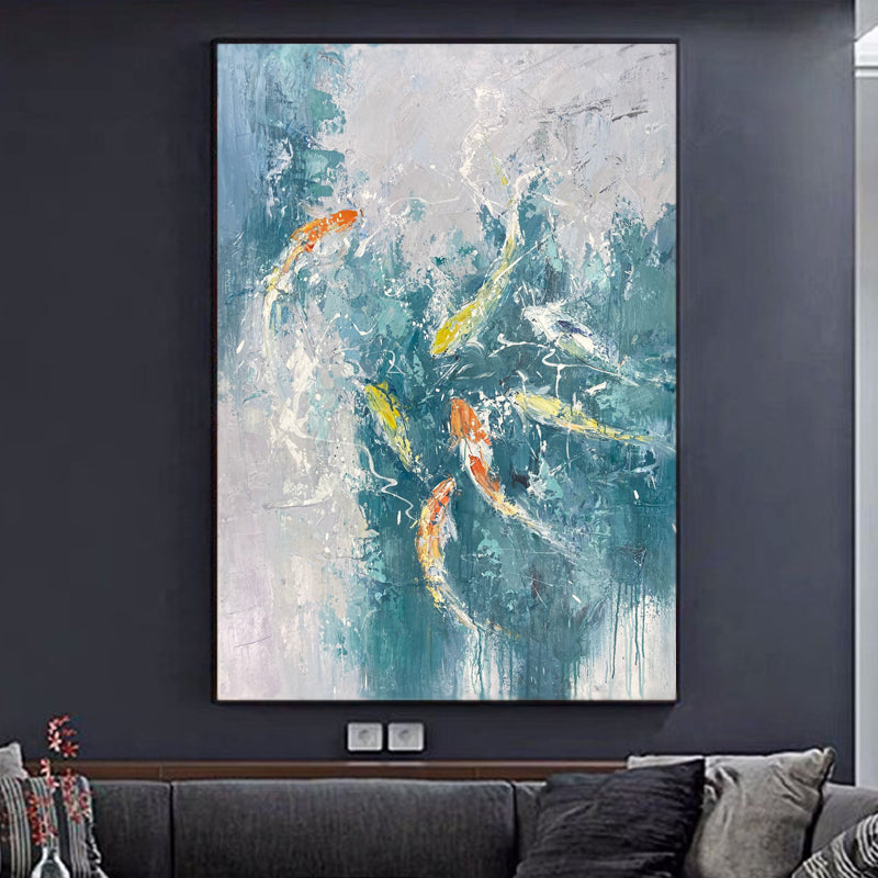 Koi fish wall art with colorful koi swimming in blue water, symbolizing prosperity and happiness