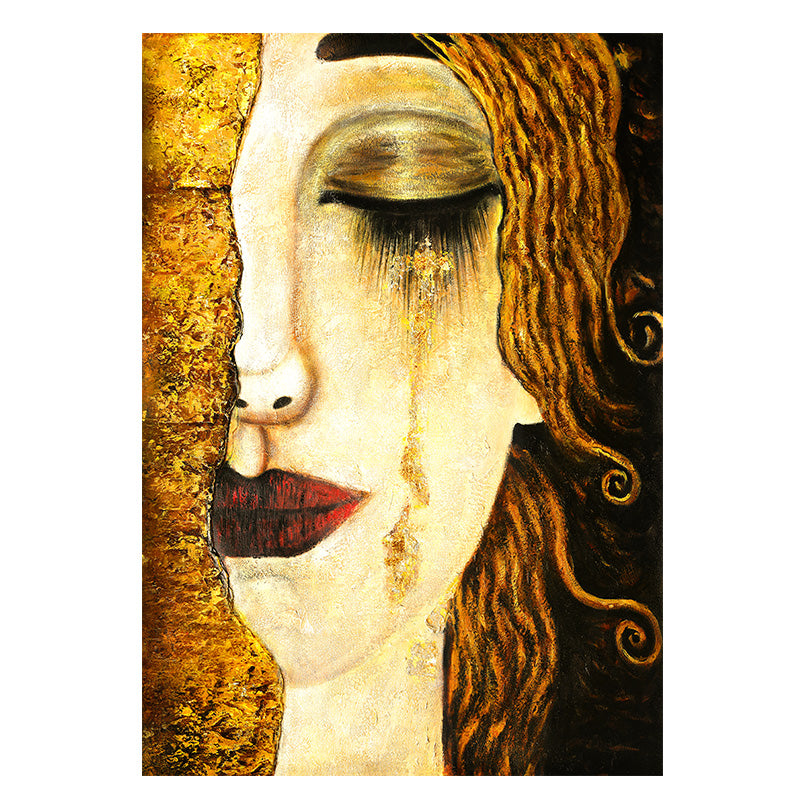 Freya's Tears painting – black and gold abstract wall art with female portrait