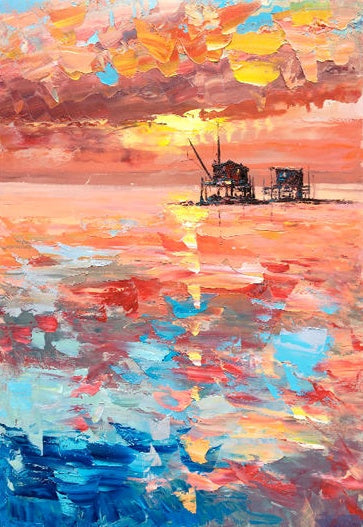 Pink Sky and Sunset – Colorful Wall Art Abstract Ocean Painting with Oil Platform