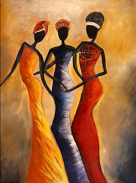 African American woman wall art painting with three women in colorful dresses