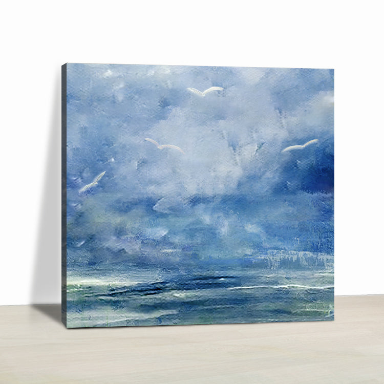 Migration painting blue abstract with birds flying in a soft sky over the sea