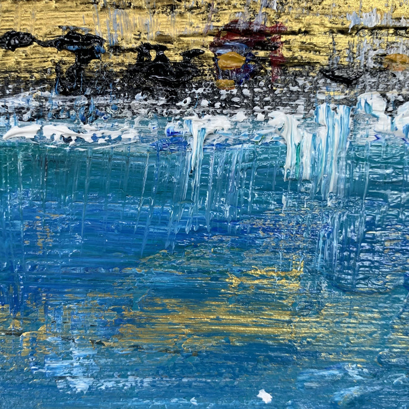 Overlooking ocean art paintings – abstract coastal seascape with blue water and horizon