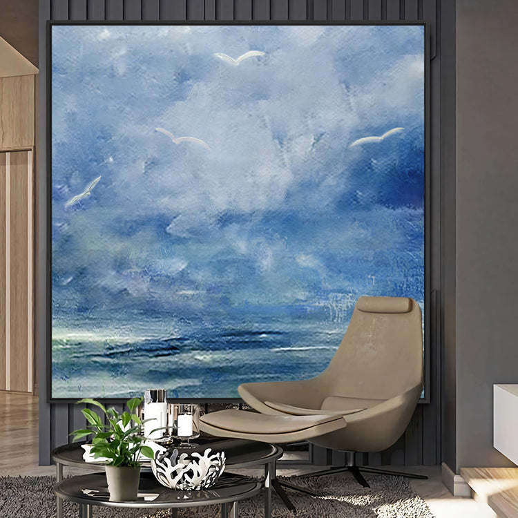 Migration painting blue abstract with birds flying in a soft sky over the sea