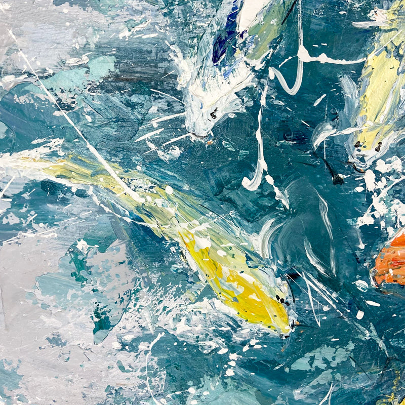 Koi fish wall art with colorful koi swimming in blue water, symbolizing prosperity and happiness