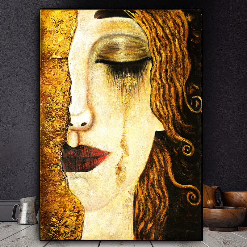 Freya's Tears painting – black and gold abstract wall art with female portrait