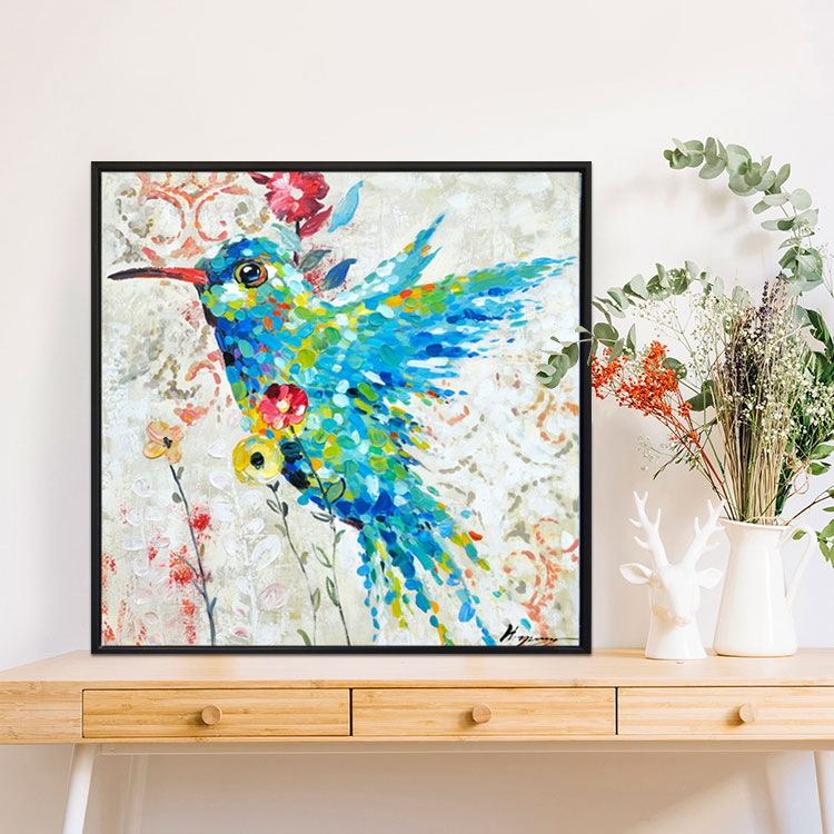 Colorful bird painting with vibrant blue and green bird surrounded by flowers on a neutral background