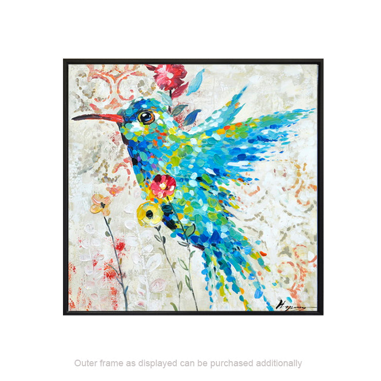 Colorful bird painting with vibrant blue and green bird surrounded by flowers on a neutral background