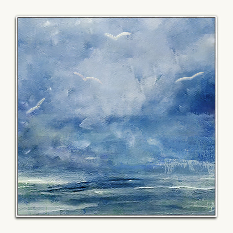 Migration painting blue abstract with birds flying in a soft sky over the sea