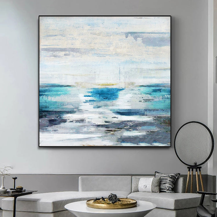 Invisible Morning abstract wall art of the ocean in soft blue and white tones