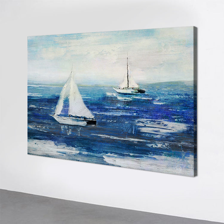All Around The World sailboat art with two white boats on blue ocean