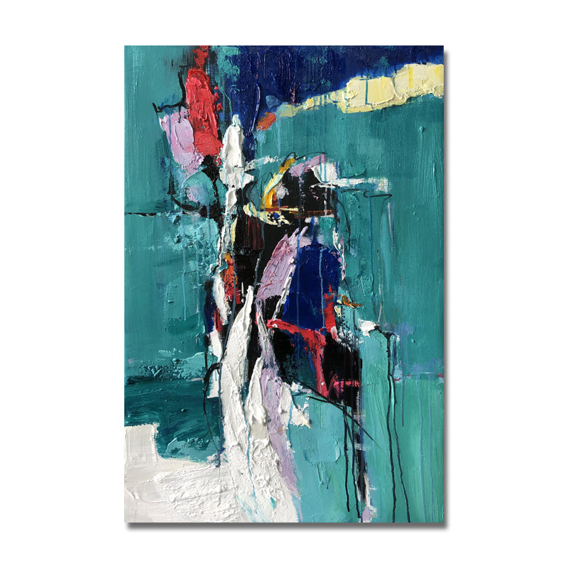 Colorful abstract wall art "Holding On" with vibrant brushstrokes in turquoise, red, purple, and yellow.