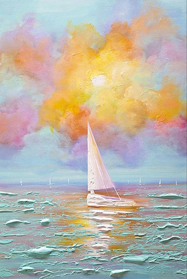 Let Us Set Sail – Sunset Canvas Seascape with Sailboat and Radiant Sky
